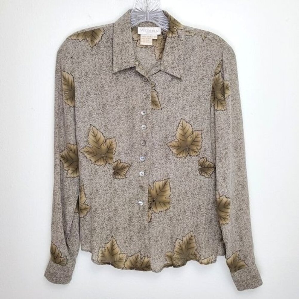 Vintage Victoria fall leaf print silk button front blouse